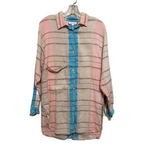 VTG Betty Hanson Button Up Tunic Top Women Size 8 Plaid Linen Lagenlook Coastal